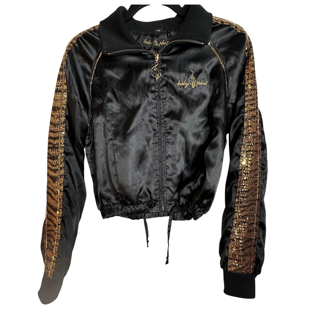 Y2K BABY PHAT Vintage Rare M-L Satin Sequin Tiger Stripe Bomber Cropped Jacket - Picture 2 of 10